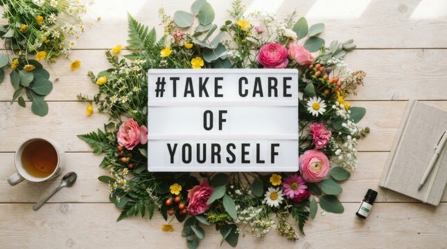 Take care of yourself text on light box framed by beautiful flowers
