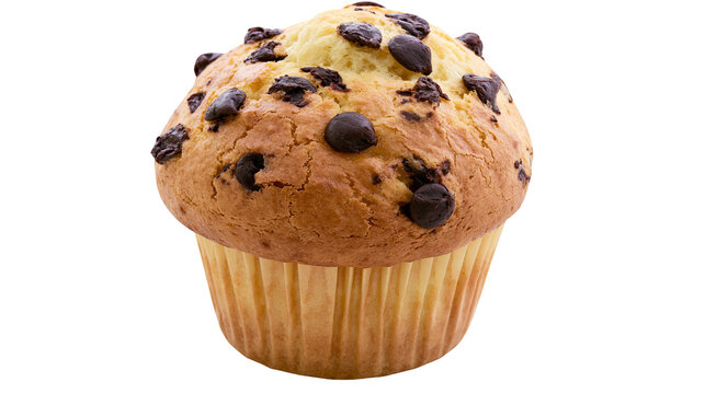 Golden brown chocolate chip muffin with a fluffy top, isolated on transparent background