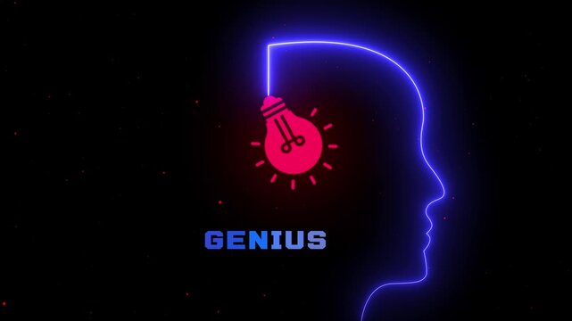 Futuristic genius concept with glowing neon human profile and light bulb illustrating exceptional intelligence, innovation, creativity, and breakthrough ideas.