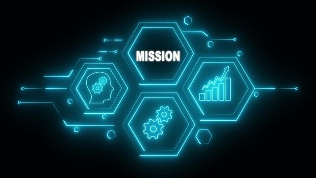 Abstract neon Hud knowledge ability business gear icon Glowing neon line concept. Glowing "MISSION" button in German on a futuristic, abstract wave technology on black background.