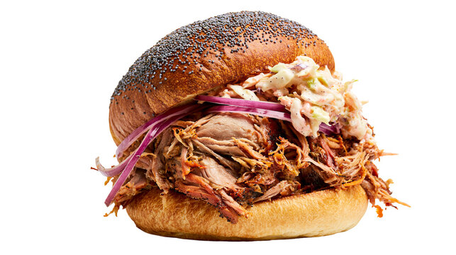 Pulled pork sandwich with coleslaw and red onion, isolated on transparent background