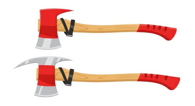 Set of Two Firefighter Axes with Flat Head and Pick Head Designs, Professional Emergency Rescue Tools Vector Illustration