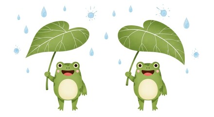 Obraz premium Cute Cartoon Frogs Holding Large Green Leaf Umbrellas in the Rain Watercolor Illustration