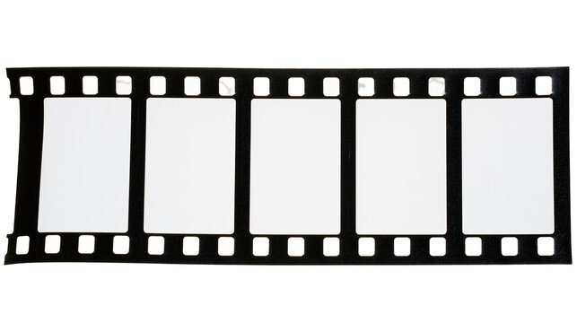 Black film strip with five blank white frames, isolated on transparent background