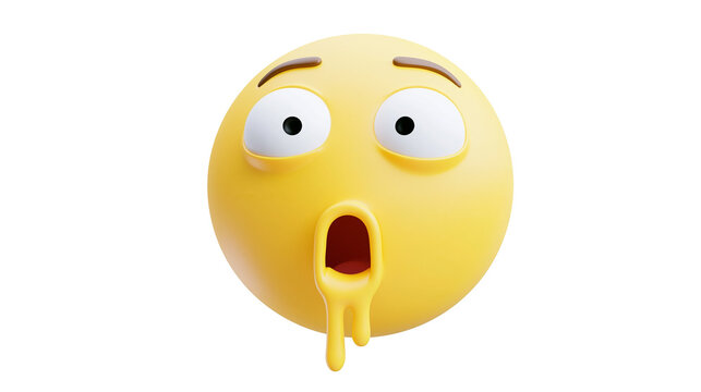 Yellow emoji face with wide eyes and open mouth dripping saliva, isolated on transparent background