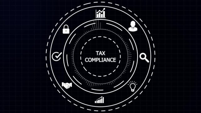 Digital interface with TAX COMPLIANCE text in a circular HUD, surrounded by for security, business, and data on a dark grid background.4K animation motion graphic Video.