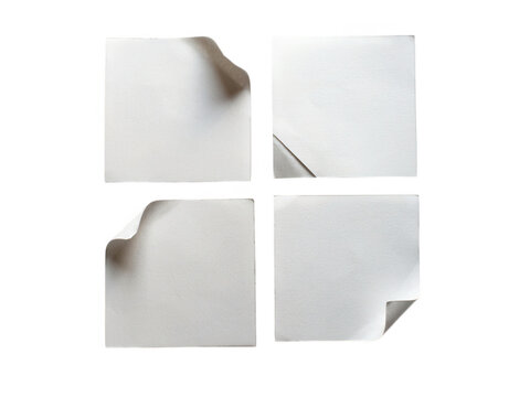 Collection of four square blank sticky notes with curled corners isolated on transparent background