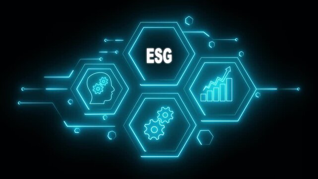 Abstract neon Hud knowledge ability business gear icon Glowing neon line concept. Glowing "ESG" button in German on a futuristic, abstract wave technology on black background.