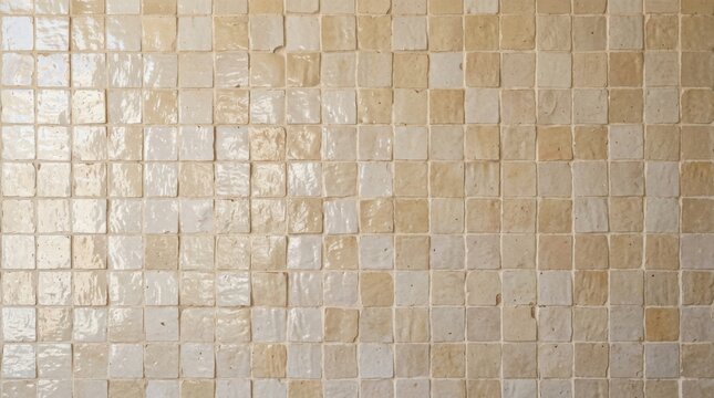 Ceramic Zellige Tile Wall Pattern with Handmade Moroccan Style Mosaic Texture in Neutral Beige and Ivory Tones