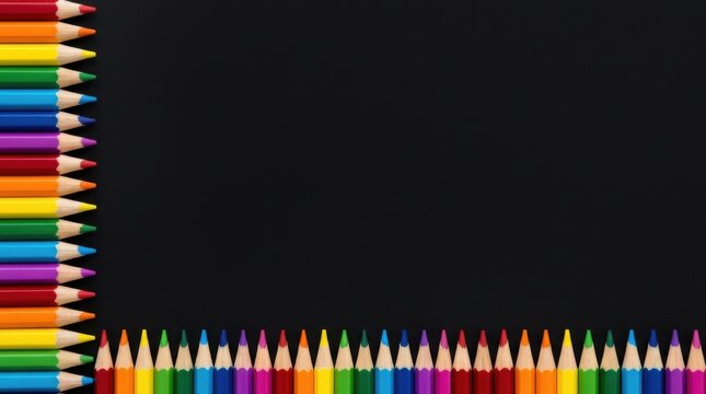Colorful colored pencils forming border frame on blank black background