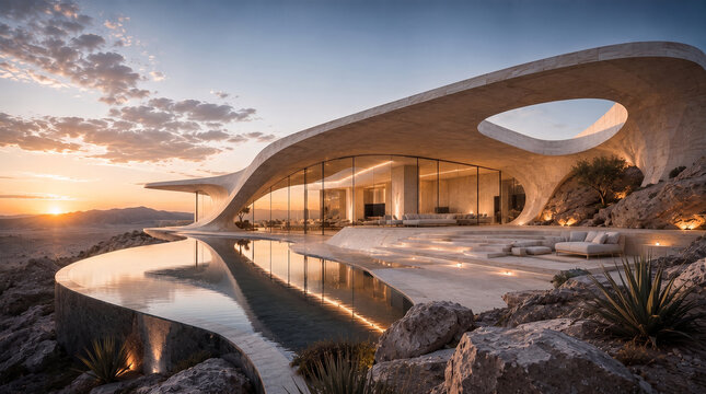 Ultra-modern luxury architectural masterpiece floating above calm reflective water at sunrise, featuring minimalist monumental design