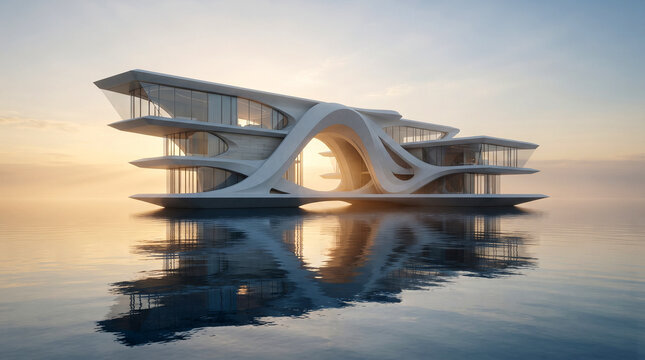 Ultra-modern luxury architectural masterpiece floating above calm reflective water at sunrise, featuring minimalist monumental design