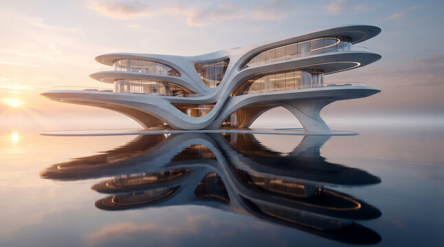 Ultra-modern luxury architectural masterpiece floating above calm reflective water at sunrise, featuring minimalist monumental design
