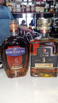 Koktebel and Stary Krym Five-Year Aged Cognac Bottles in Liquor Store