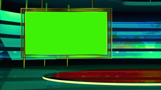 Virtual news studio background with blank green screen chroma key