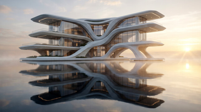 Ultra-modern luxury architectural masterpiece floating above calm reflective water at sunrise, featuring minimalist monumental design