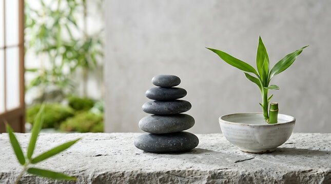 Zen meditation stones stacked in harmony with bamboo plant. Minimalist wellness decor for mindfulness and feng shui interior design.