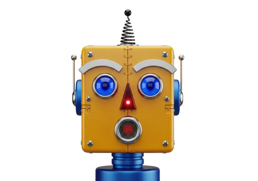ultra-realistic, detailed retro robot with a bright chrome yellow square head, blue optical eyes, and coiled antenna, isolated on transparent studio background, expressing intense surprise. concept