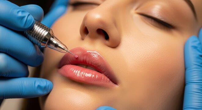 Professional Permanent Makeup Procedure for Lips with Tattoo Machine and Pink Pigment in Beauty Salon