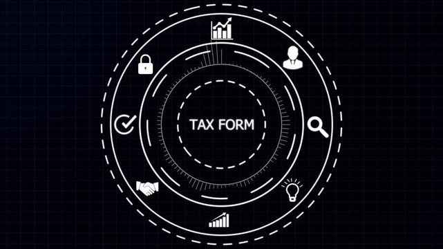 Futuristic digital interface with tax form details and financial arranged in a circular HUD on a dark grid background.4K animation motion graphic Video.