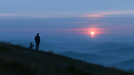 Obraz premium Two people stand on a hilltop at sunset looking at the colorful sky and distant mountains