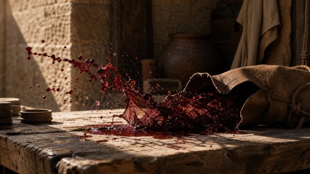 Red wine splashing from old leather wineskin on rustic wooden table. Biblical parable of new wine in old wineskin. Symbol of transformation, renewal and religious teaching in history.