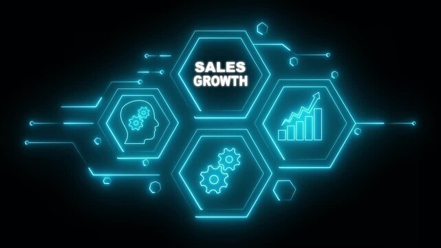 Abstract neon Hud knowledge ability business gear icon Glowing neon line concept. Glowing "SALES GROWTH" button in German on a futuristic, abstract wave technology on black background.