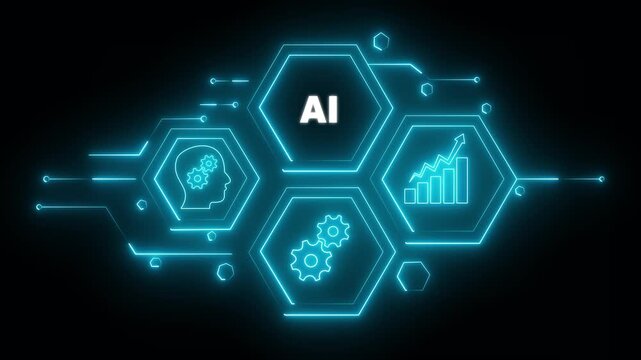 Abstract neon Hud knowledge ability business gear icon Glowing neon line concept. Glowing "AI" button in German on a futuristic, abstract wave technology on black background.