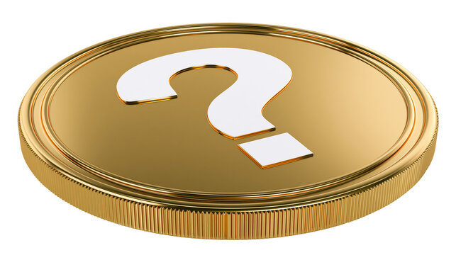 Golden coin with white question mark symbol, isolated on transparent background
