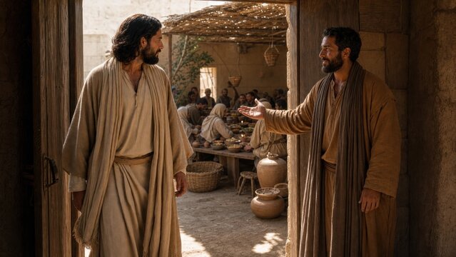 Jesus meets Levi the tax collector at his home doorway. A biblical scene showing a man inviting another man to a gathering with guests. Faith, conversion and spiritual calling concept.