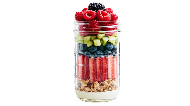 Layered fruit and yogurt parfait in a glass jar, isolated on transparent background