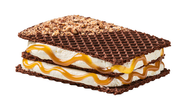 Chocolate wafer ice cream sandwich with caramel drizzle and nuts, isolated on transparent background
