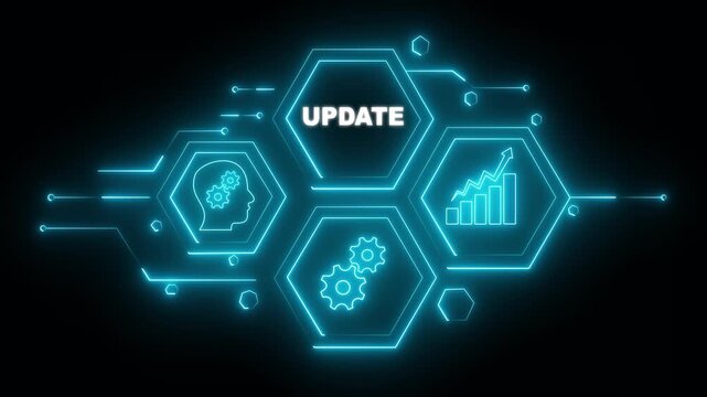 Abstract neon Hud knowledge ability business gear icon Glowing neon line concept. Glowing "UPDATE" button in German on a futuristic, abstract wave technology on black background.