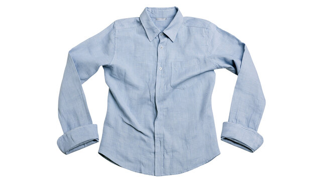 Light blue linen long-sleeved button-up shirt with rolled cuffs, isolated on transparent background
