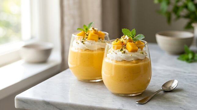 Two glasses of fresh mango mousse with whipped cream and mint on a sunny kitchen counter. Mango Mousse Recipe