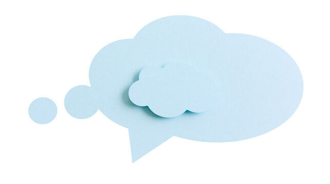 Light blue paper thought bubble with smaller cloud shape, isolated on transparent background