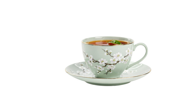 Elegant light green ceramic teacup decorated with delicate white cherry blossoms and golden rim filled with warm herbal tea served on a saucer on transparent background