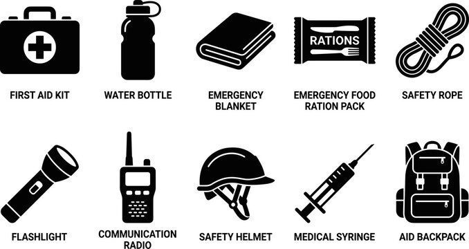 Emergency preparedness icons silhouette art, survival equipment illustration, disaster safety design graphics, rescue supply sketch, essential outline artwork