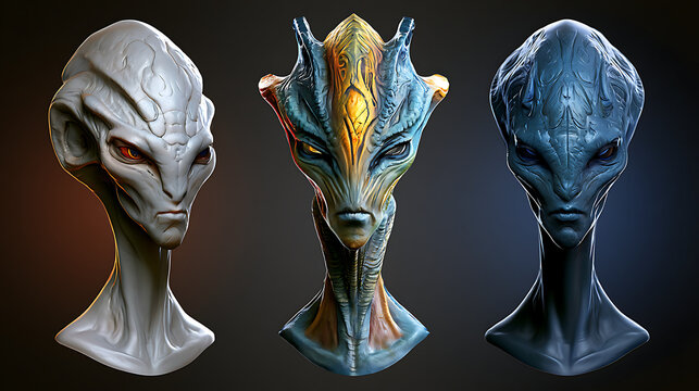 A collection of futuristic alien creatures with unique biomechanical designs, glowing organic details, and surreal anatomy. This collection features concept art for science fiction, fantasy worlds, ga