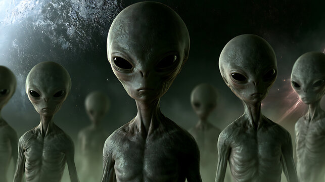 Group of realistic extraterrestrial gray aliens with large black eyes standing in a mysterious cosmic environment, depicting science fiction, UFO encounters, extraterrestrial life, and futuristic spac