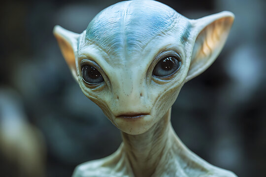 Realistic grey aliens with large black eyes standing in a mysterious space setting depict science fiction, UFO encounters, extraterrestrial life and futuristic space exploration.