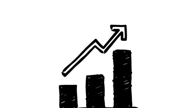 Hand drawn growth bar chart icon with upward trending arrow isolated on white background