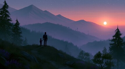 Fototapeta premium People view the sunset from a mountain top with trees and hills in the background during evening time