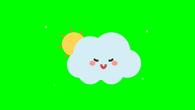 Smiling cartoon cloud and bright sun icon. Cheerful animated weather graphic for digital projects, video overlays, and presentations on a green screen background