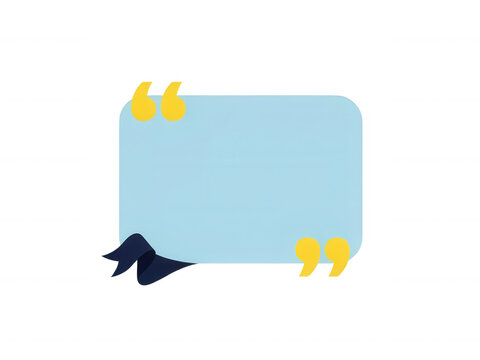 Light blue quote box with yellow quotation marks and dark blue ribbon isolated on transparent background cutout