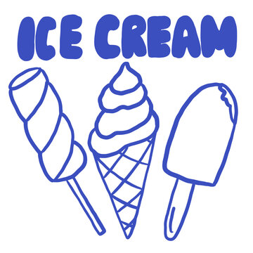  Blue line art vector illustration of ice creams set: waffle cone, popsicle, ice lolly and "ICE CREAM" lettering isolated on white background.