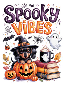 A black dog wearing a witch hat sits among pumpkins and books. The background features a playful ghost and the phrase 'Spooky Vibes'.