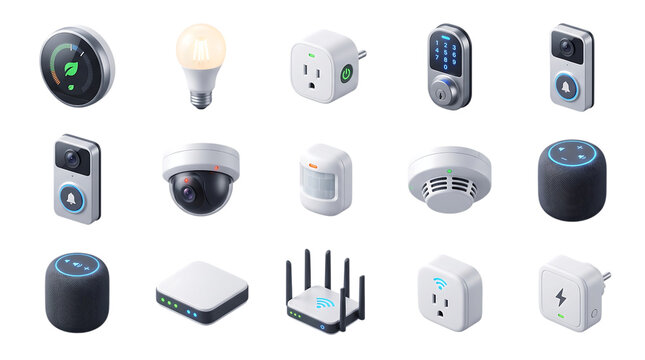 A collection of various smart home devices and internet of things technology presented as isometric 3d icons