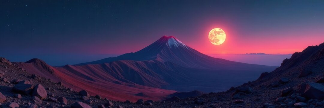 Full moon hangs over Etna's crater, Martian-like landscape , texture, landscape