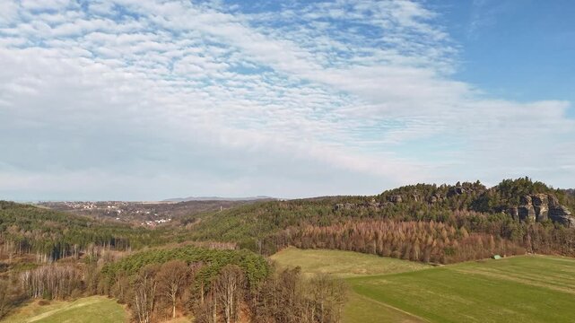 Hyperlapse - Aerial view of scenery in the Saxon Switzerland - Elbe Sandstone Mountains - Germany